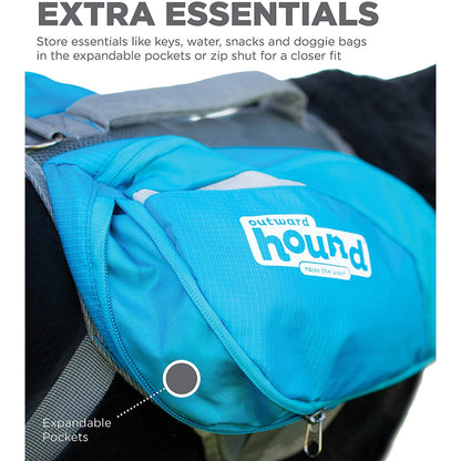 Expandable storage pocket on the blue Outward Hound DayPak Saddleback Dog Backpack