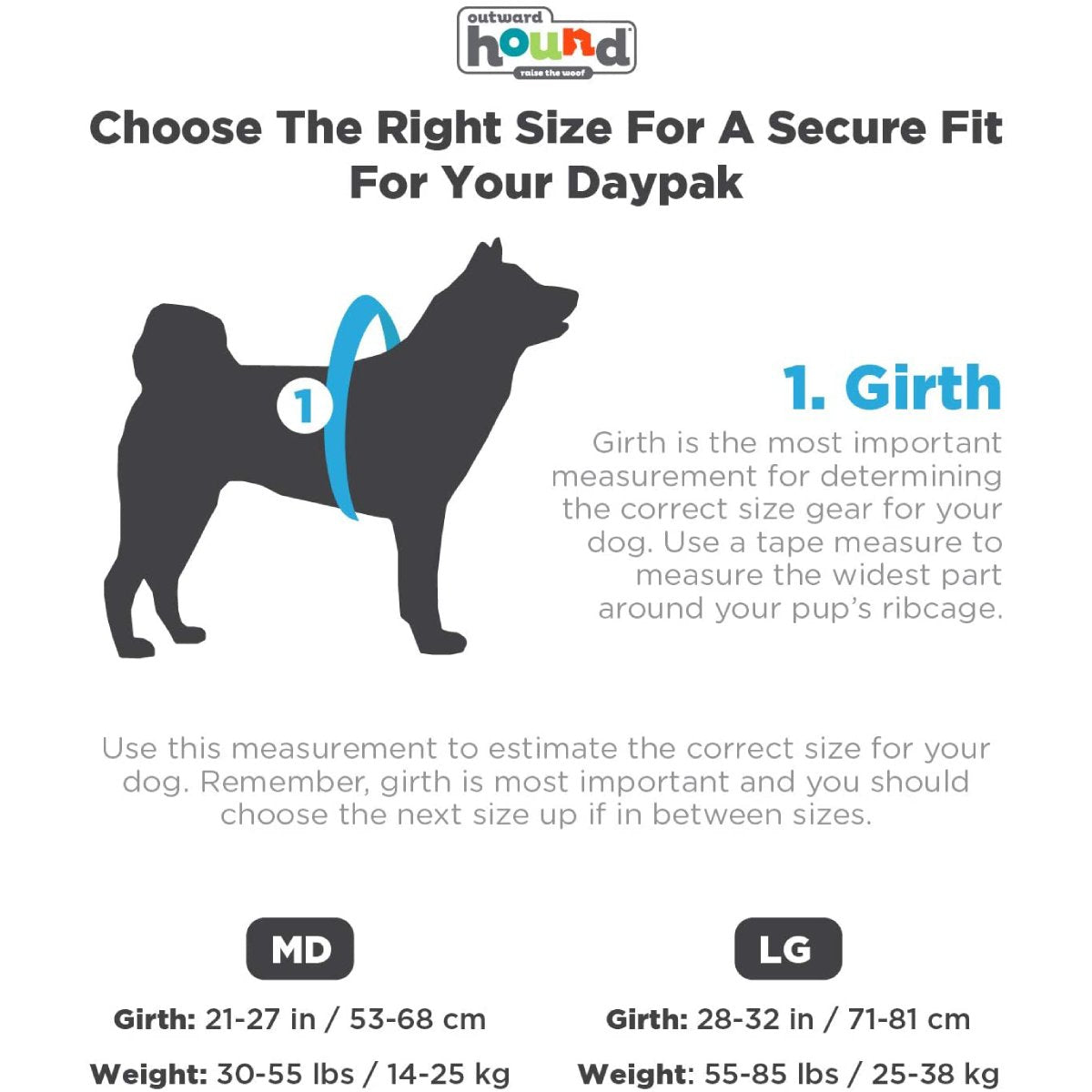 Outward Hound DayPak dog backpack size guide for Medium and Large using dog girth measurements