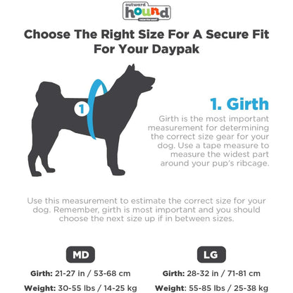 Outward Hound DayPak dog backpack size guide for Medium and Large using dog girth measurements