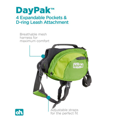 Outward Hound DayPak Green dog backpack showing four expandable pockets, breathable mesh and D-ring leash attachment