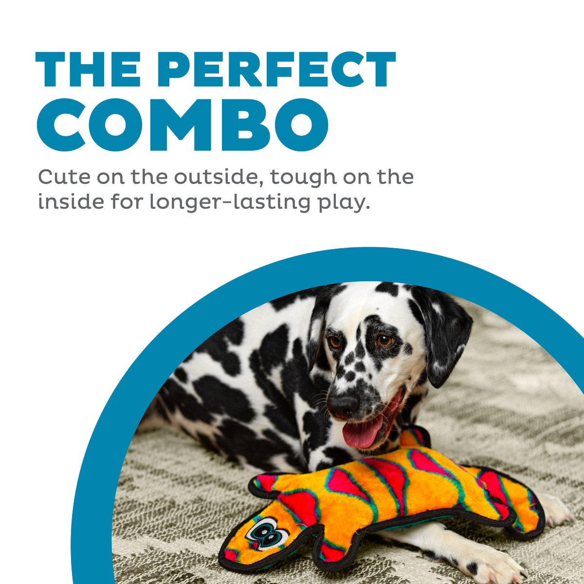 Dalmatian relaxing with Outward Hound Durablez Gecko Orange Large plush dog toy