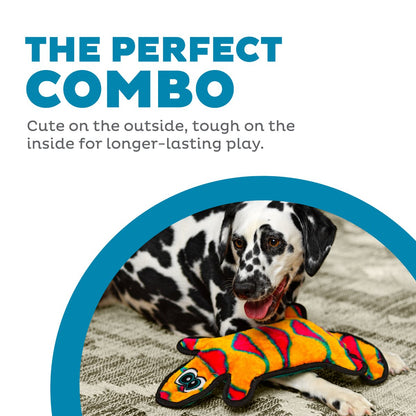Dalmatian relaxing with Outward Hound Durablez Gecko Orange Large plush dog toy