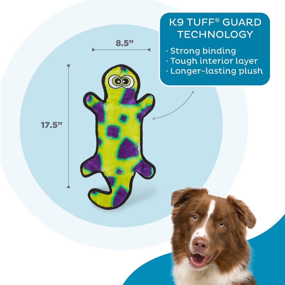 Outward Hound Durablez Gecko Yellow plush dog toy with K9 Tuff Guard strong binding and tough interior layer