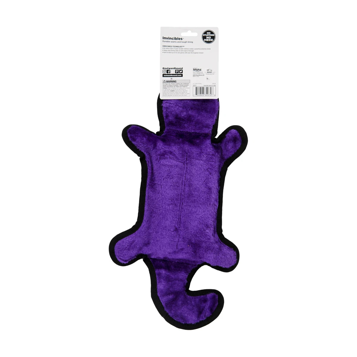 Rear view of Outward Hound Durablez Gecko Yellow Large plush dog toy and retail packaging