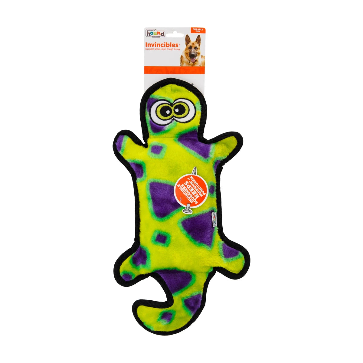 Outward Hound Durablez Gecko Yellow Large plush squeaky dog toy in retail packaging