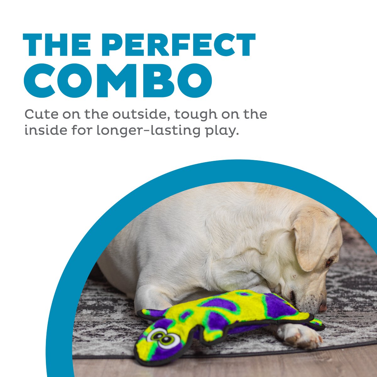 Dog relaxing with Outward Hound Durablez Gecko Yellow Large plush dog toy