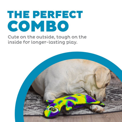 Dog relaxing with Outward Hound Durablez Gecko Yellow Large plush dog toy