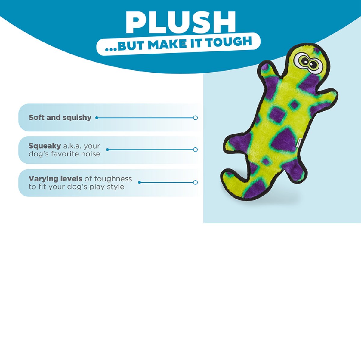 Outward Hound Durablez Gecko Yellow plush squeaky dog toy highlighting soft plush and tougher construction