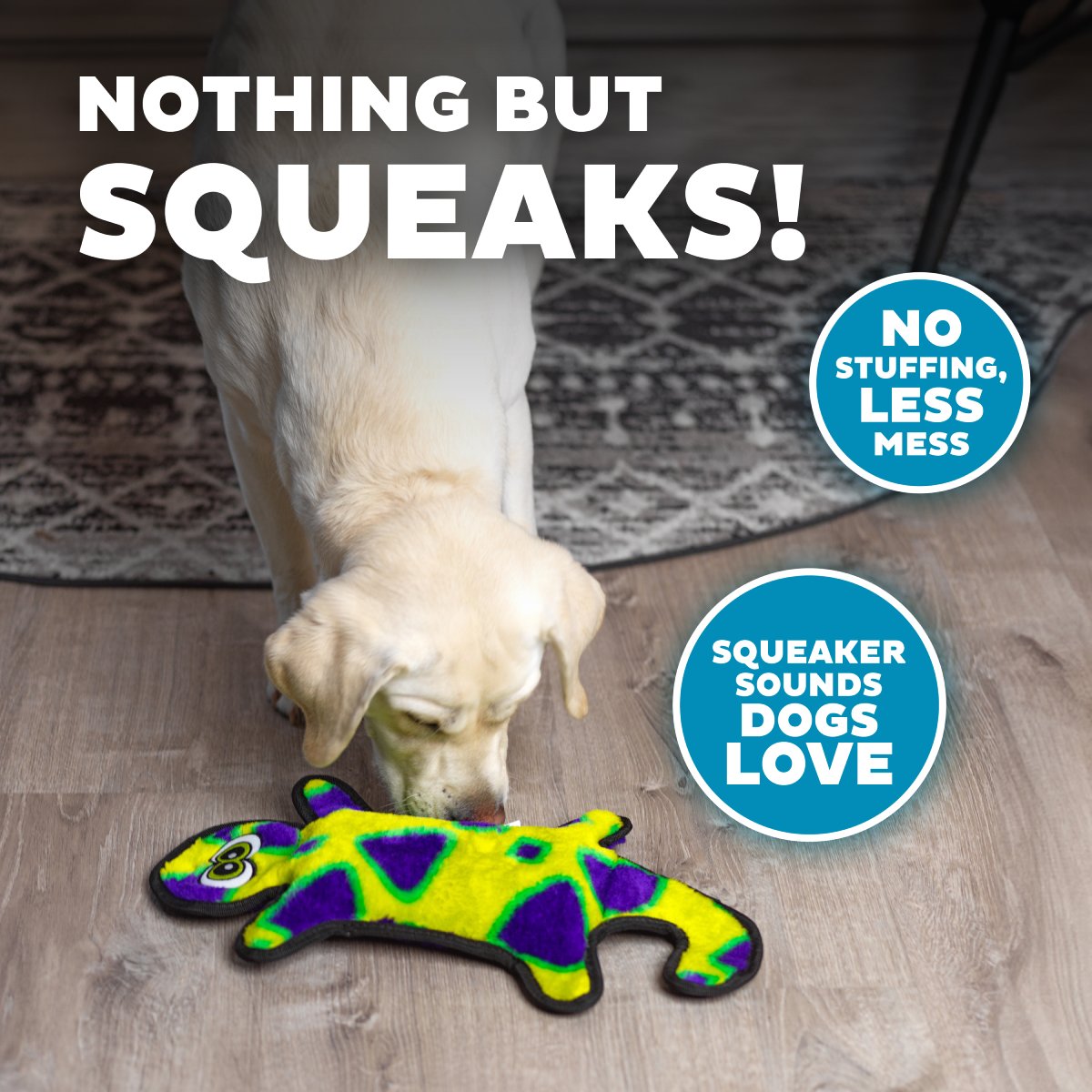 Dog playing with Outward Hound Durablez Gecko Yellow stuffing-free plush squeaky dog toy