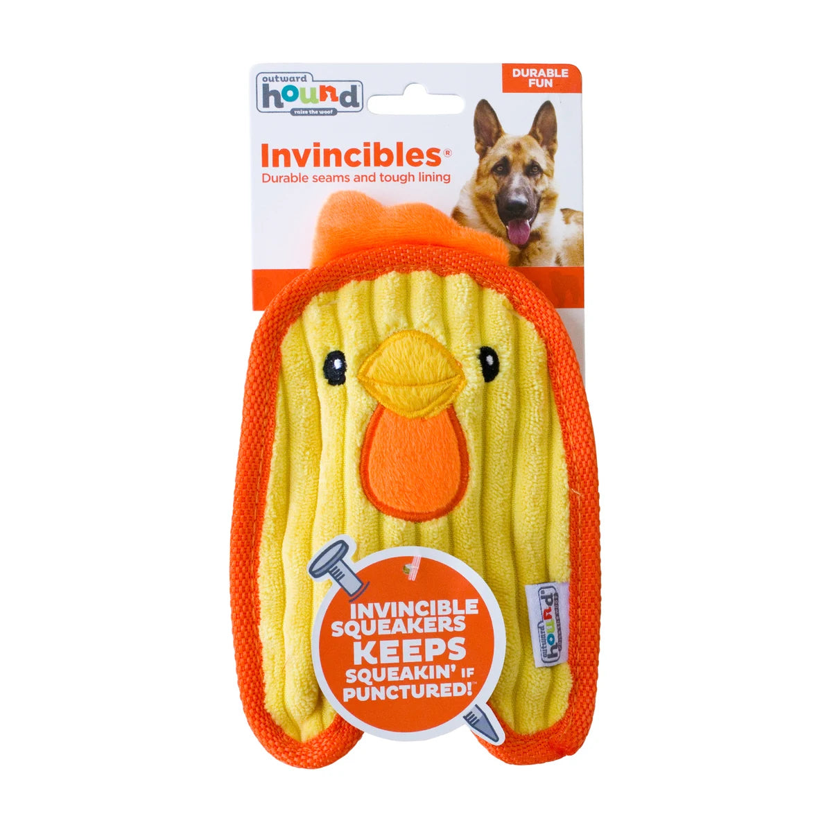 Outward Hound Durablez Mini Chicken plush dog toy in Invincibles packaging