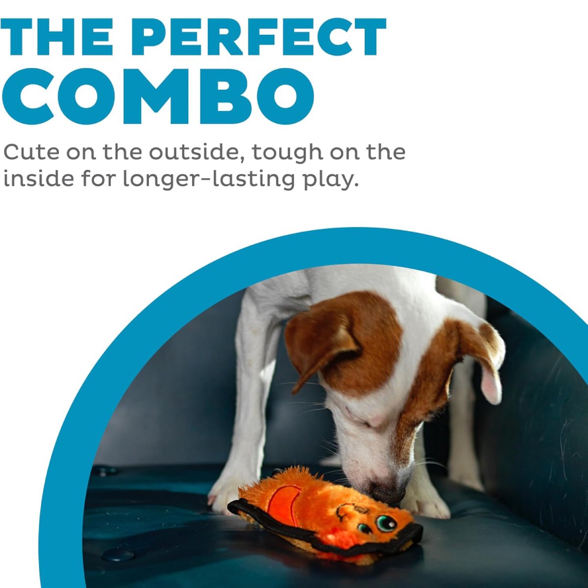 Dog playing with Outward Hound Durablez Mini Dog orange plush toy showing its soft exterior and tougher construction