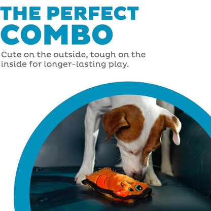 Dog playing with Outward Hound Durablez Mini Dog orange plush toy showing its soft exterior and tougher construction