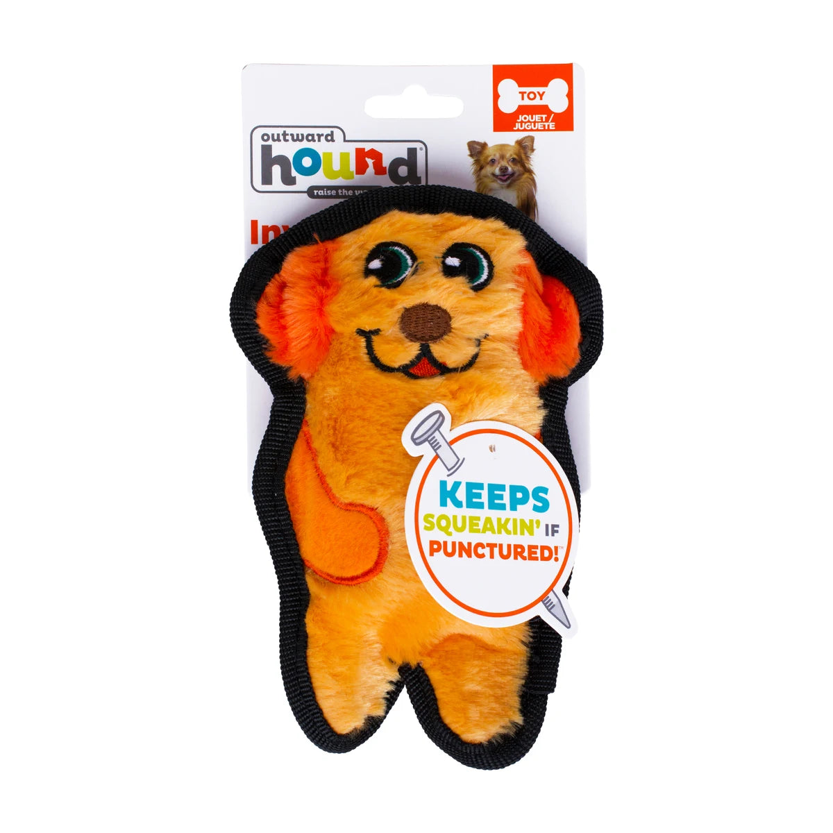 Outward Hound Durablez Mini Dog orange stuffing-free plush squeaky dog toy in packaging