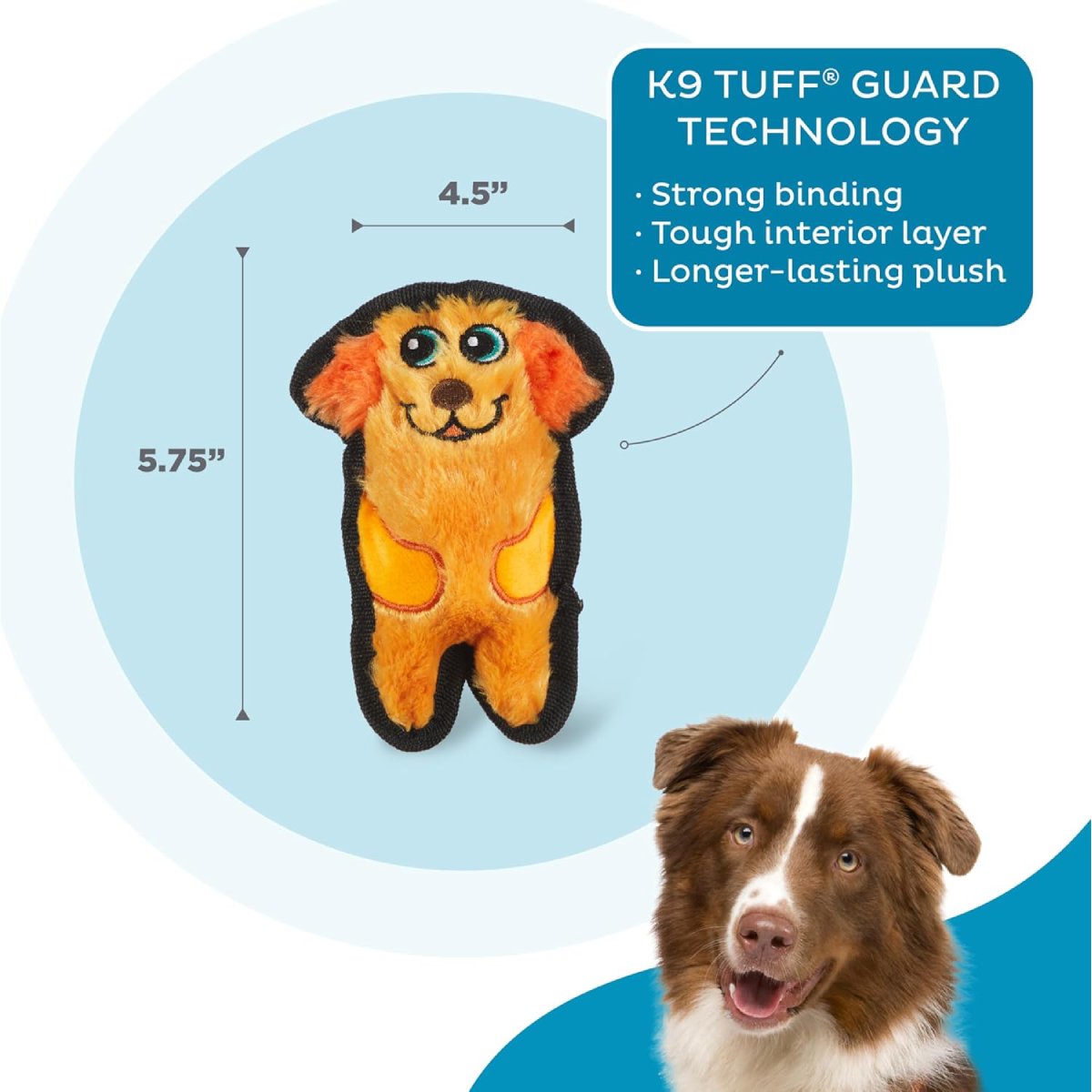 Outward Hound Durablez Mini Dog orange plush toy dimensions and K-9 TUFF GUARD construction