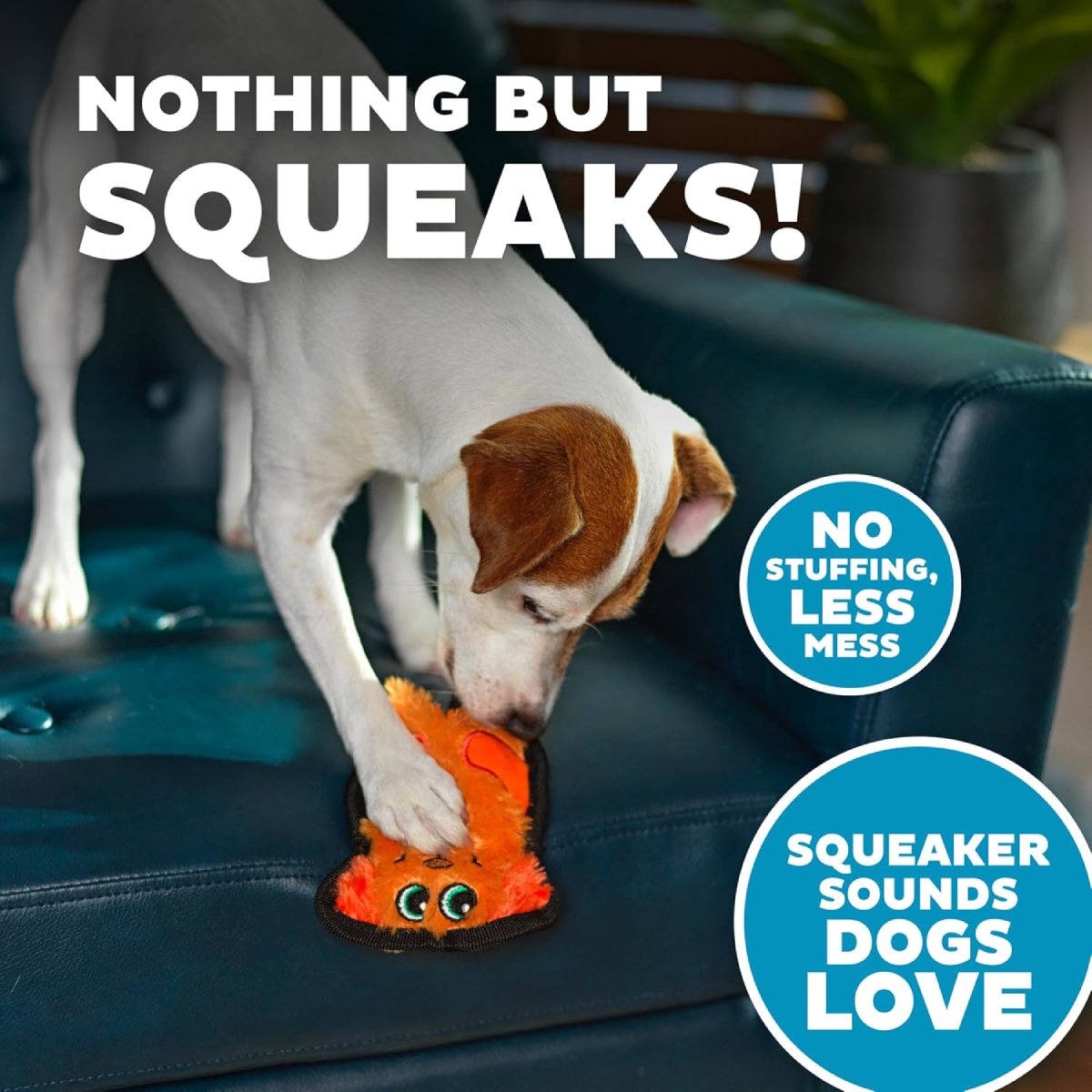 Outward Hound Durablez Mini Dog orange squeaky plush toy during play with stuffing-free design