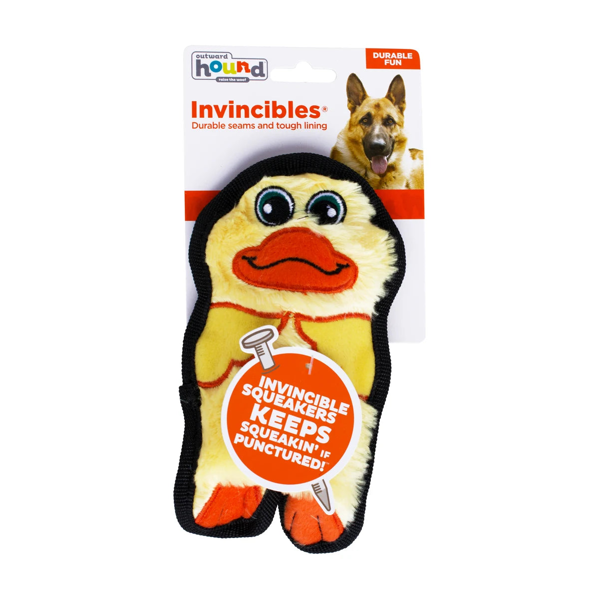 Outward Hound Durablez Mini Duck plush dog toy in Invincibles packaging