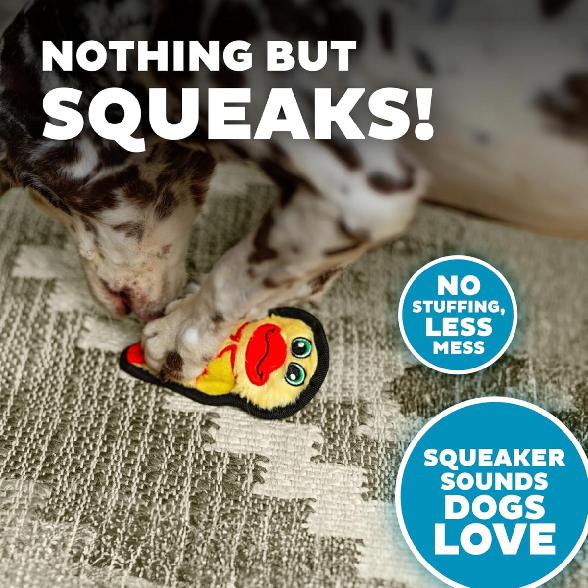 Outward Hound Durablez Mini Duck stuffing-free squeaky dog toy shown during play