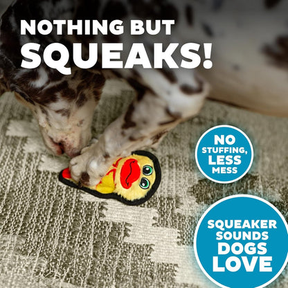 Outward Hound Durablez Mini Duck stuffing-free squeaky dog toy shown during play