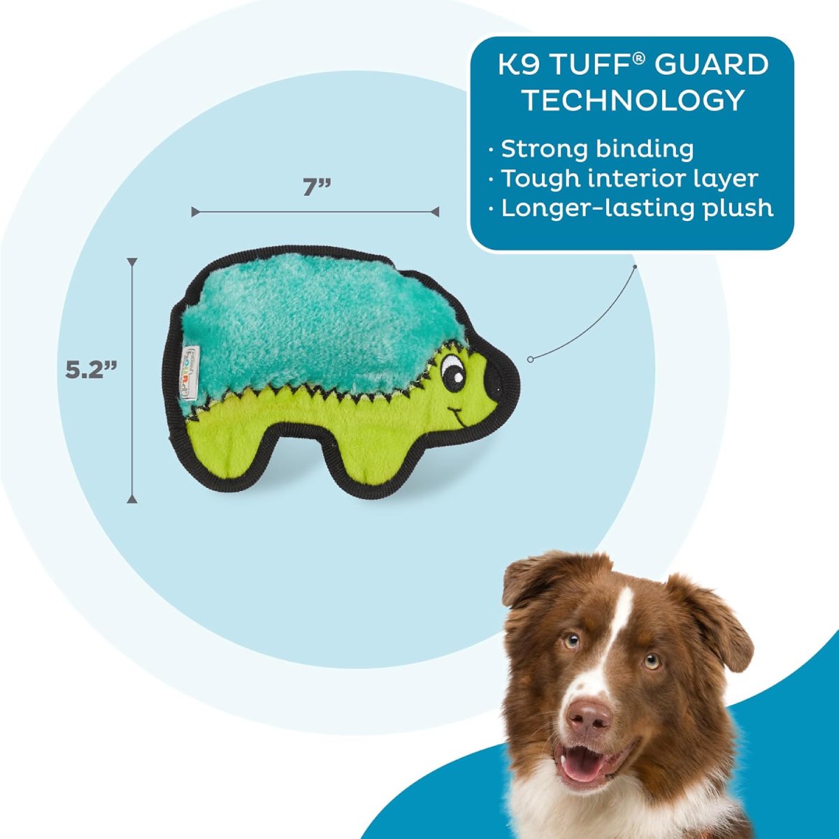 Outward Hound Durablez Mini Hedgehog dog toy with size and K-9 TUFF GUARD details