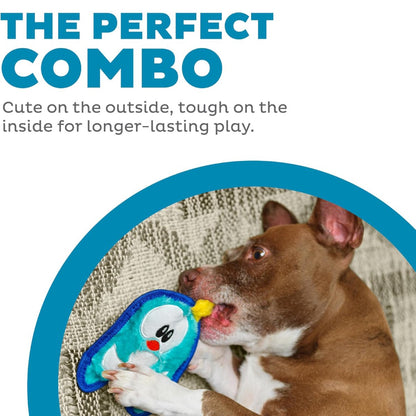 Dog playing with the Outward Hound Durablez Mini Penguin plush dog toy