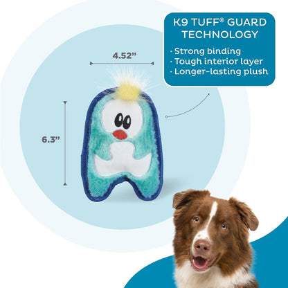 Outward Hound Durablez Mini Penguin dog toy with K-9 TUFF GUARD feature and size details
