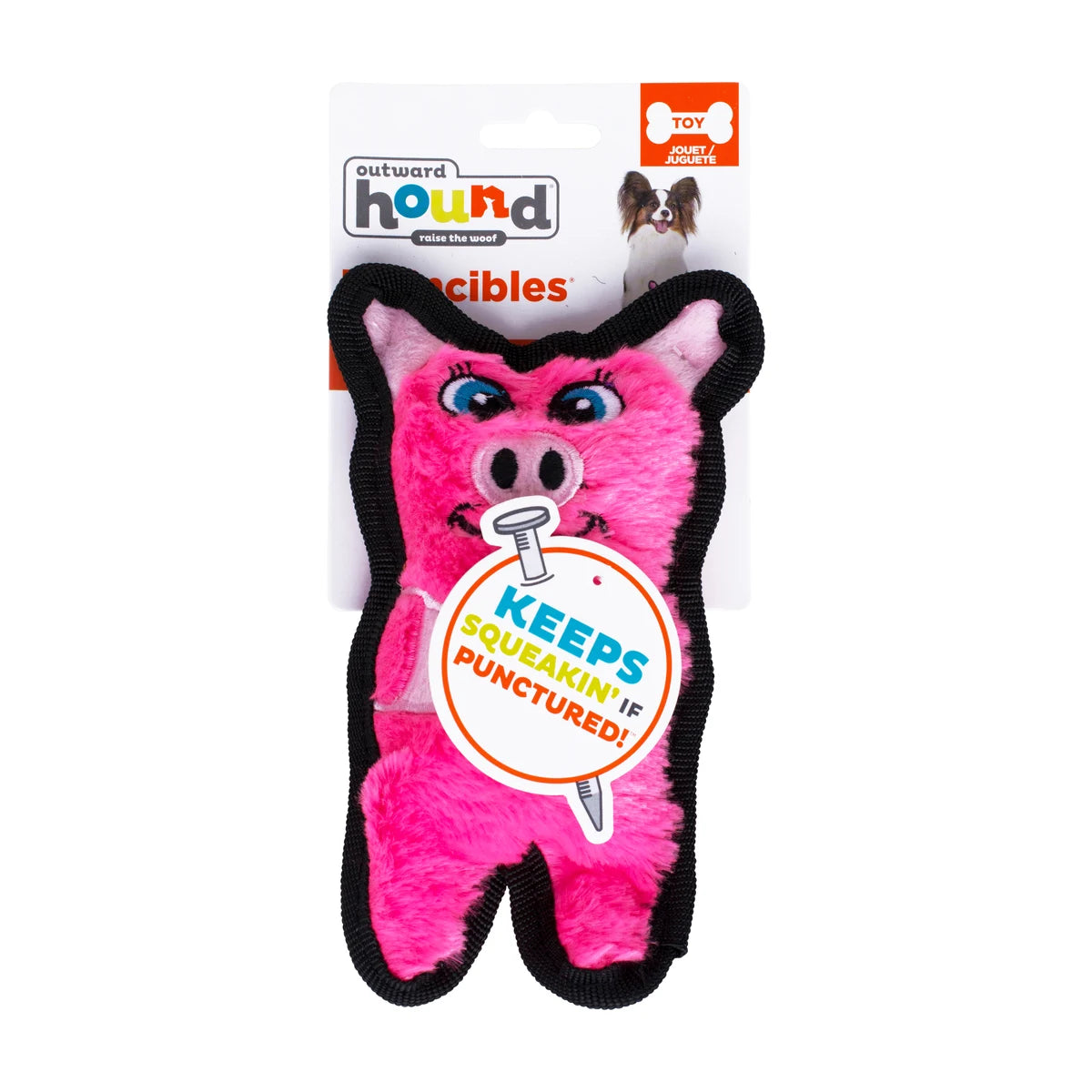 Outward Hound Durablez Mini Pig pink stuffing-free plush squeaky dog toy in packaging