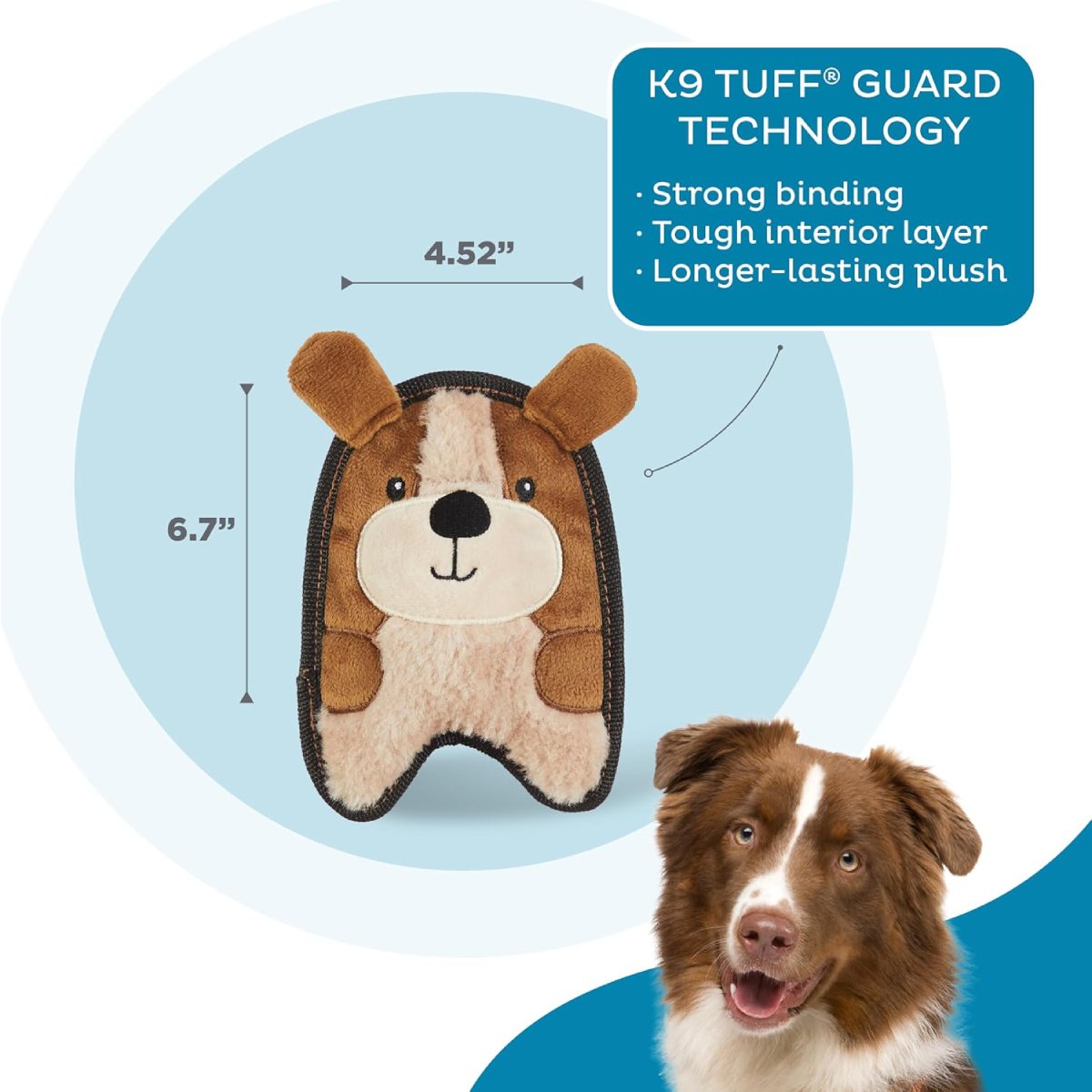 Outward Hound Durablez Mini Puppy plush dog toy dimensions and K9 Tuff Guard technology graphic
