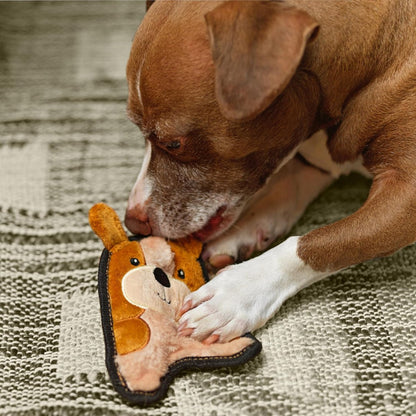 Dog chewing Outward Hound Durablez Mini Puppy plush dog toy on a rug