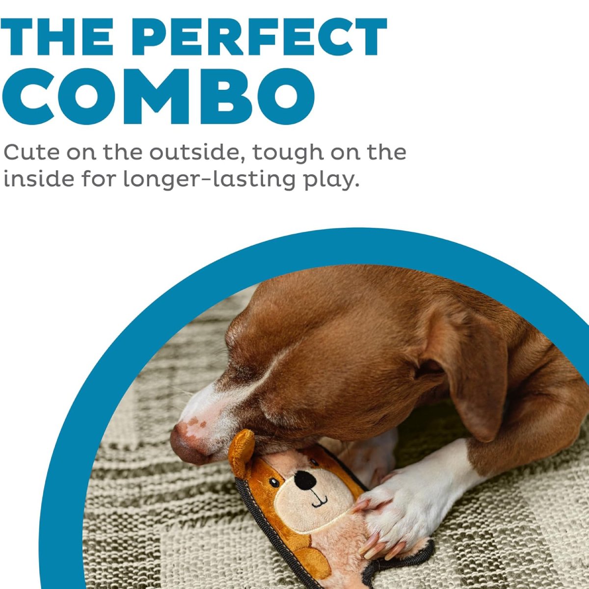 Dog chewing Outward Hound Durablez Mini Puppy plush dog toy with Perfect Combo feature graphic