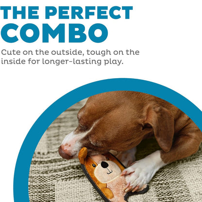 Dog chewing Outward Hound Durablez Mini Puppy plush dog toy with Perfect Combo feature graphic