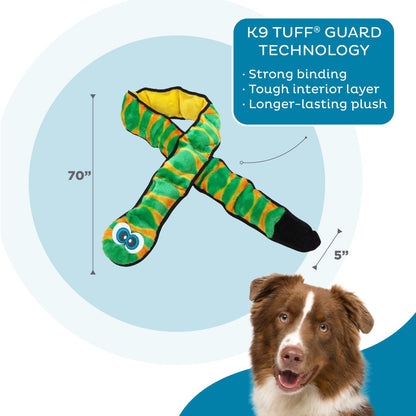 Outward Hound Durablez Snake Green XXL plush dog toy with K-9 TUFF GUARD and size details