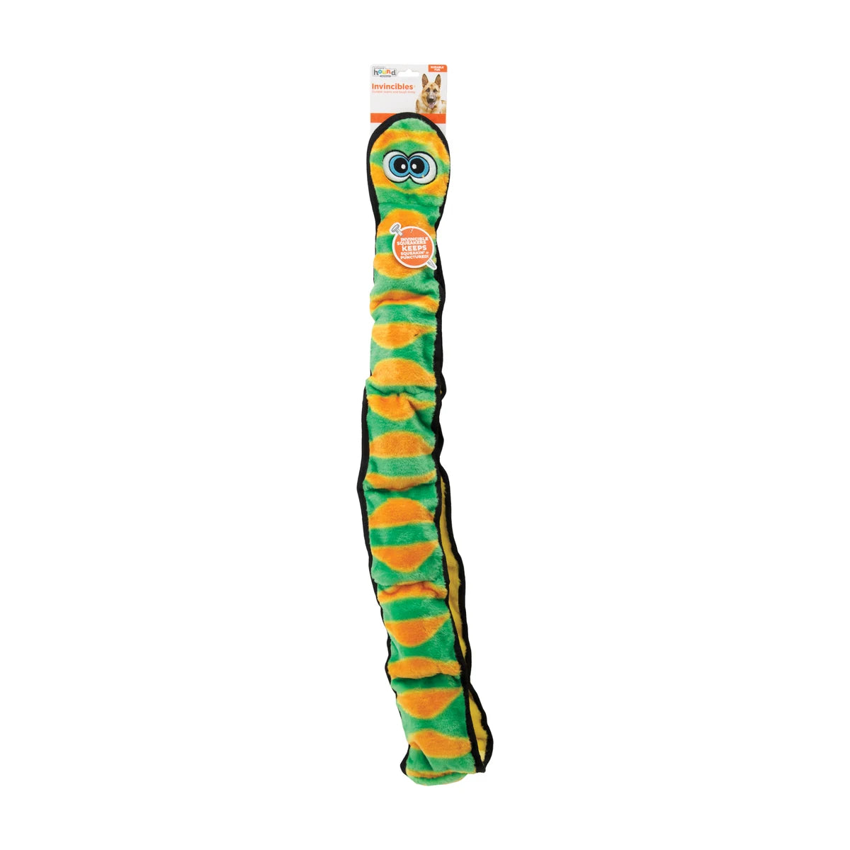 Outward Hound Durablez Snake Green XXL plush dog toy in retail packaging