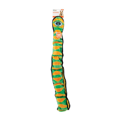 Outward Hound Durablez Snake Green XXL plush dog toy in retail packaging