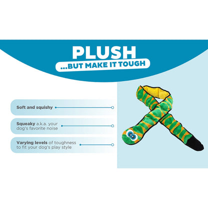 Outward Hound Durablez Snake Green XXL dog toy showing soft plush, squeaky play and varying toughness levels