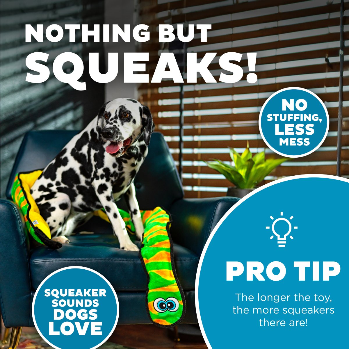 Outward Hound Durablez Snake Green XXL dog toy showing stuffing-free design and multiple squeakers