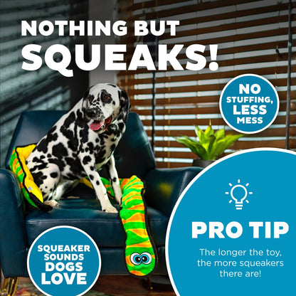 Outward Hound Durablez Snake Green XXL dog toy showing stuffing-free design and multiple squeakers