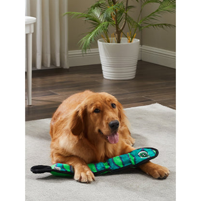 Dog lying with blue Outward Hound Durablez Snake Plush Dog Toy Large