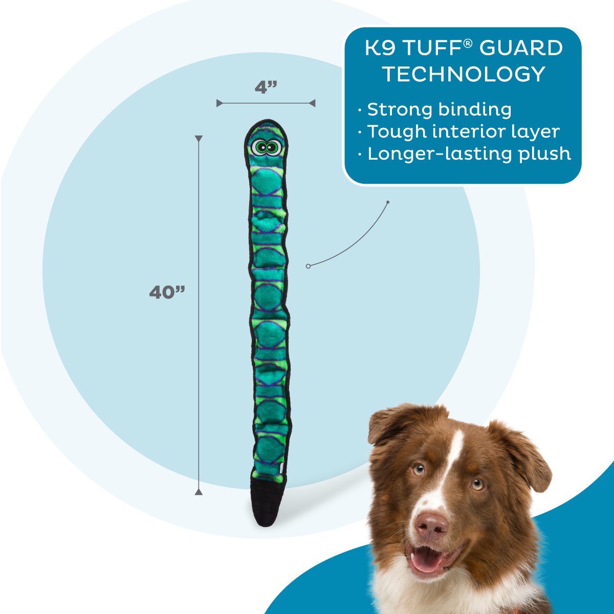Outward Hound Durablez Snake X Large Blue plush dog toy with K-9 TUFF GUARD and 101.6 cm dimensions