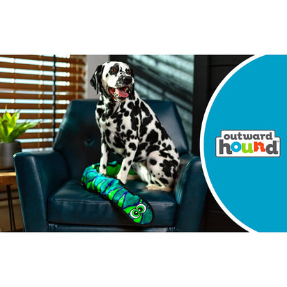 Dalmatian beside Outward Hound Durablez Snake X Large Blue plush dog toy in an indoor lifestyle setting