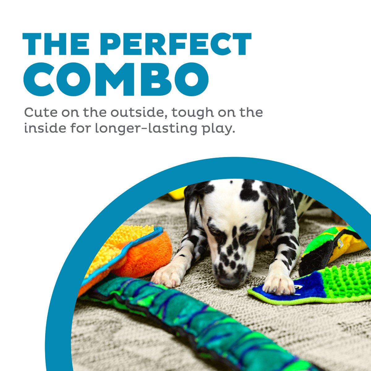 Outward Hound Durablez Snake X Large Blue plush dog toy featured with other Durablez toys during dog play