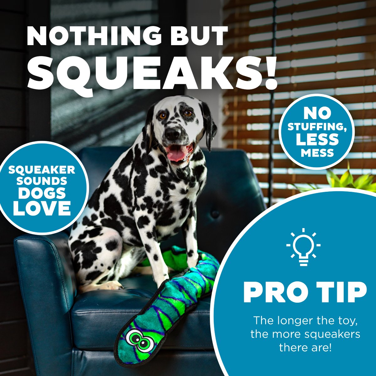 Outward Hound Durablez Snake X Large Blue dog toy showing stuffing-free design and multiple squeakers