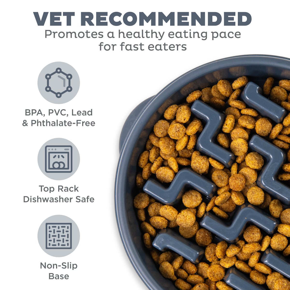 Outward Hound Fun Feeder Notch Carbon showing non-slip base, dishwasher-safe design and food-safe construction