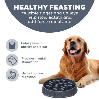 Outward Hound Fun Feeder Notch Carbon slow feeder bowl with healthy feeding feature graphic