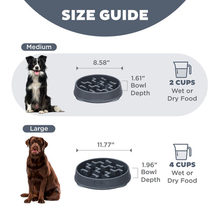 Outward Hound Fun Feeder Notch Carbon size guide comparing Medium and Large bowls and capacities