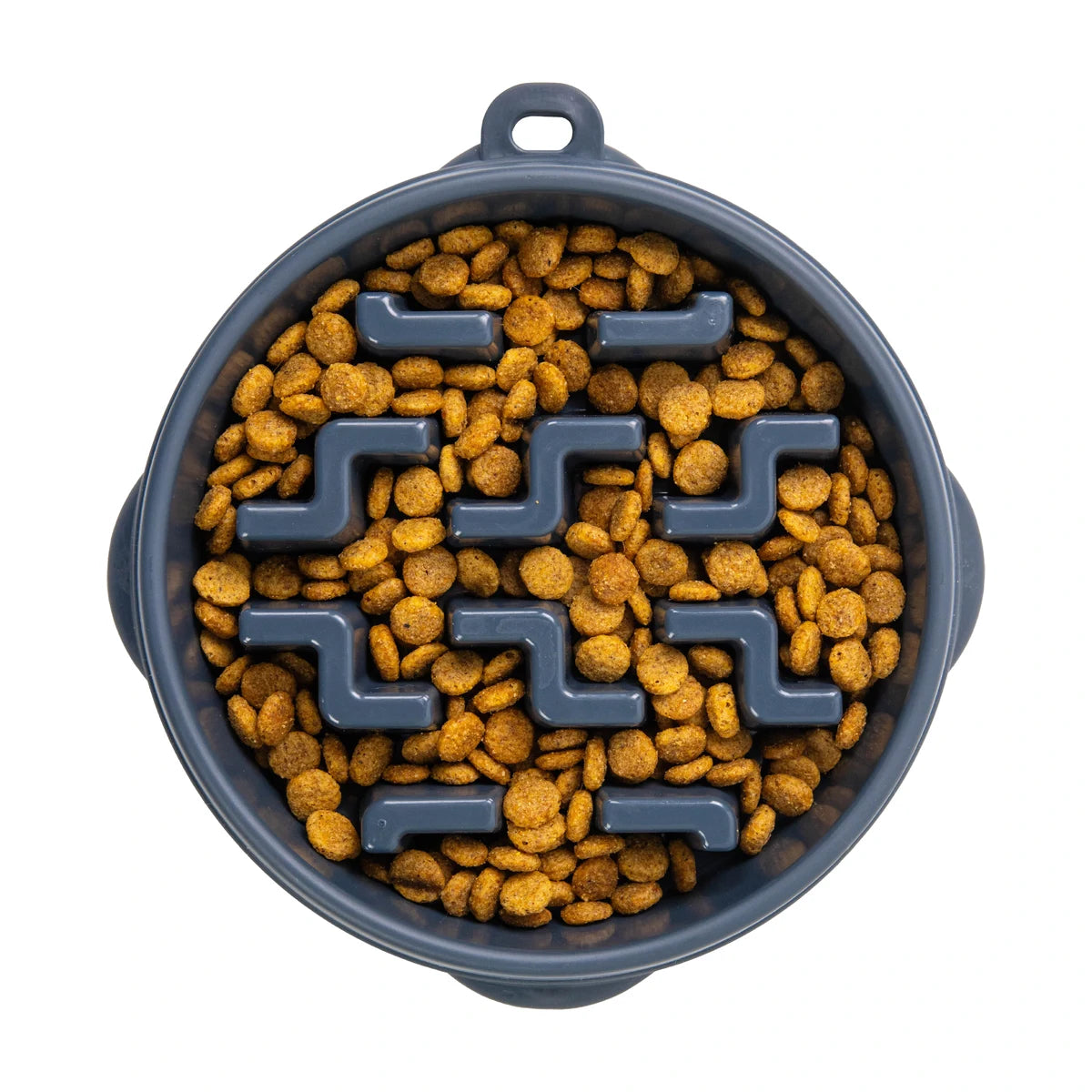 Outward Hound Fun Feeder Notch Carbon Medium slow feeder bowl filled with dry dog food