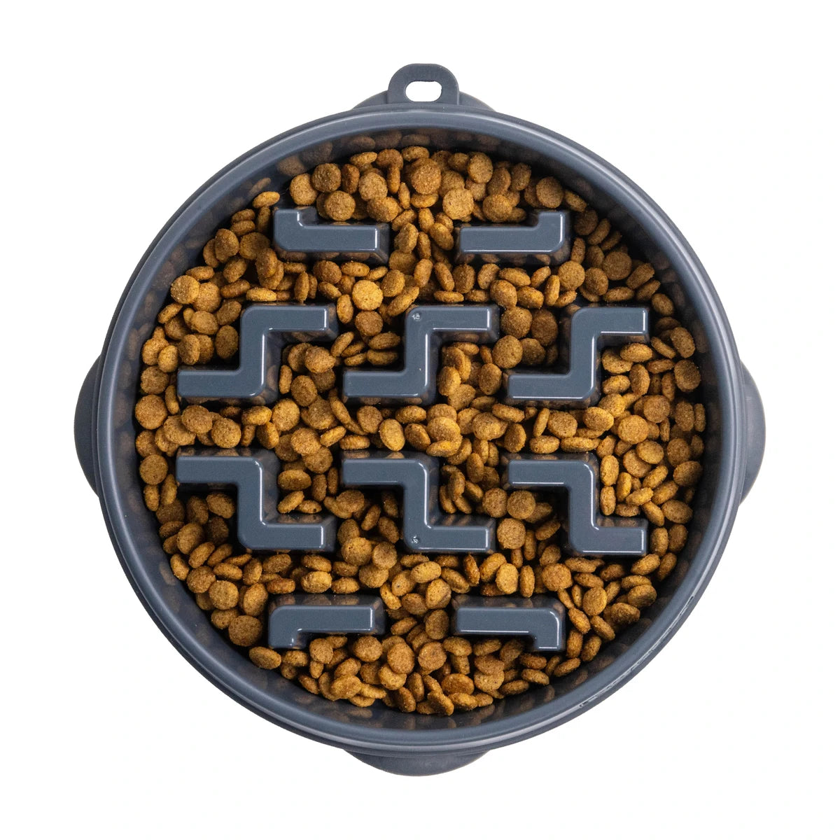 Outward Hound Fun Feeder Notch Carbon slow feeder dog bowl filled with dry food