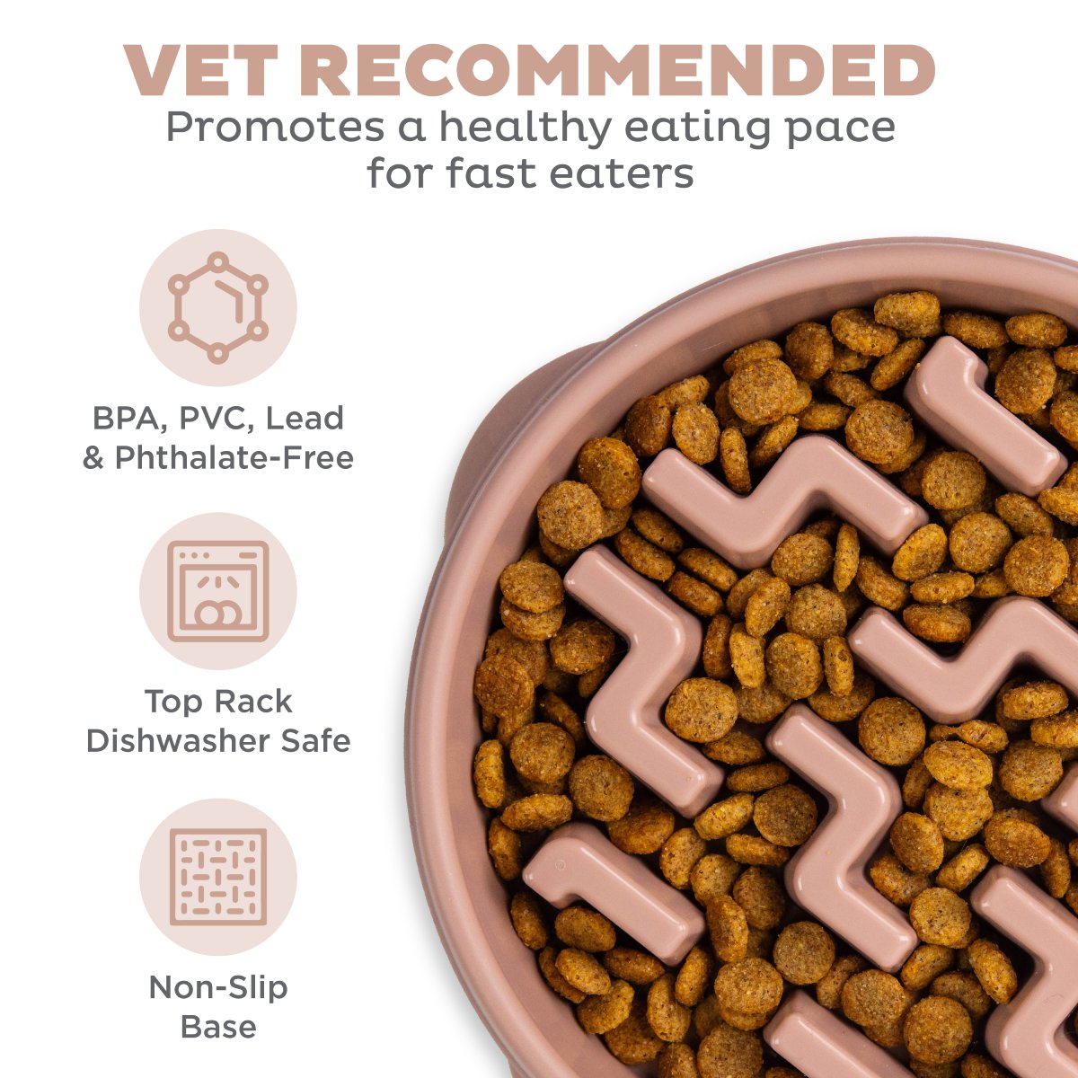 Outward Hound Fun Feeder Notch DRS showing non-slip base, dishwasher care and BPA PVC lead and phthalate free features