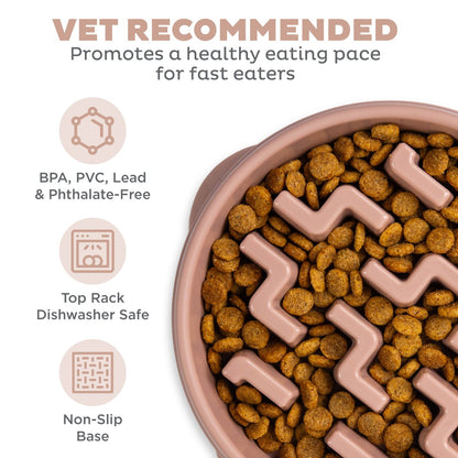 Outward Hound Fun Feeder Notch DRS showing non-slip base, dishwasher care and BPA PVC lead and phthalate free features