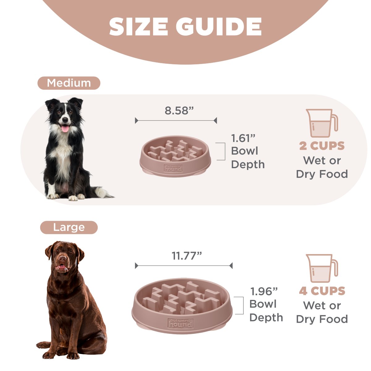 Outward Hound Fun Feeder Notch DRS size guide for Medium 2 cup and Large 4 cup bowls