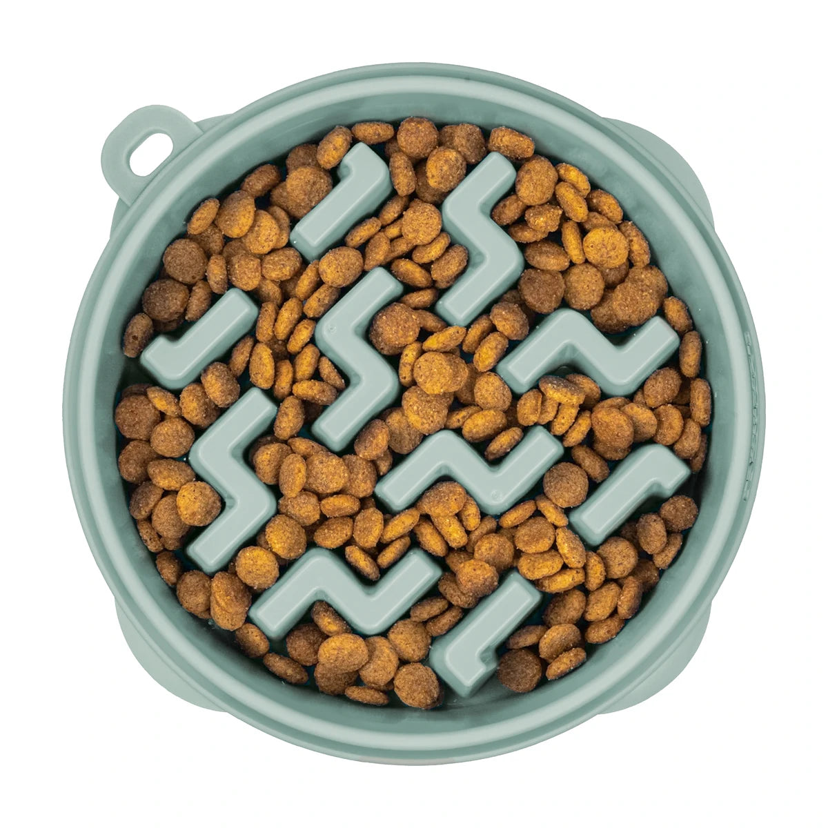 Outward Hound Fun Feeder Notch Sage Large slow feeder dog bowl filled with dry food
